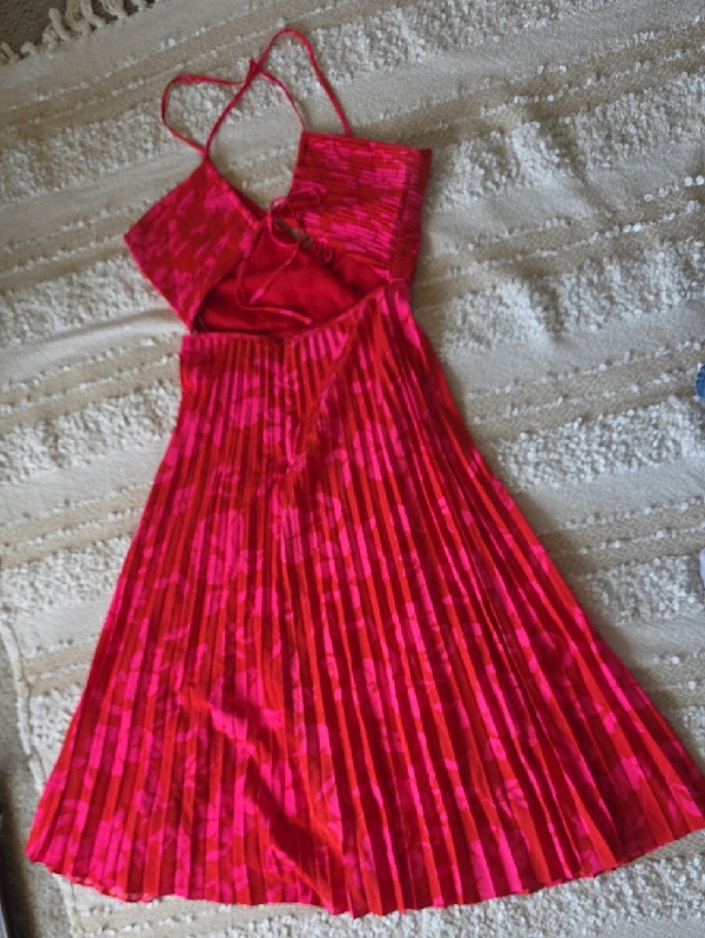 Lulu's Vibrant Lace Zip Red & Pink Floral Pleated Midi Dress Medium - Picture 5 of 8